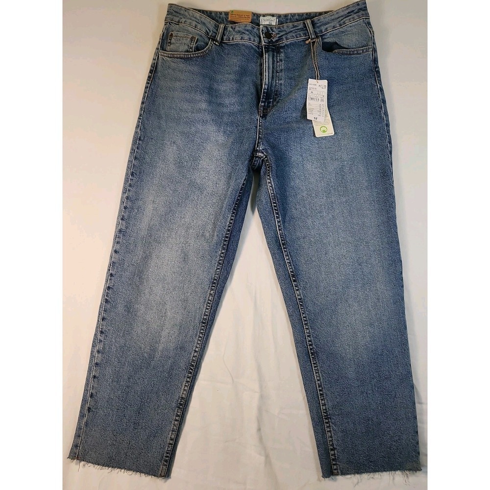 Kiabi Womens Blue Cotton Blend Straight Jeans Size 14 Reg Cropped Raw Hem